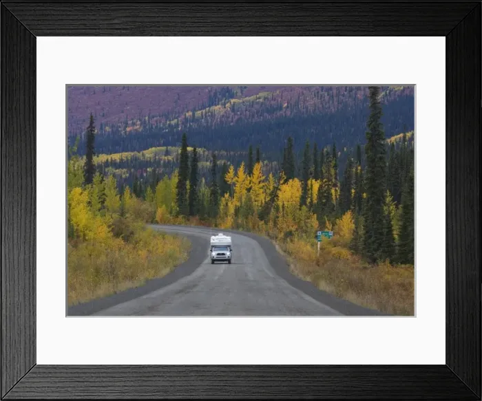 Framed Print : Pickup camper on Dempster Highway in fall; a gravel road between Dawson City Framed Print : Pickup camper on Dempster Highway in fall; a gravel road between Dawson City
