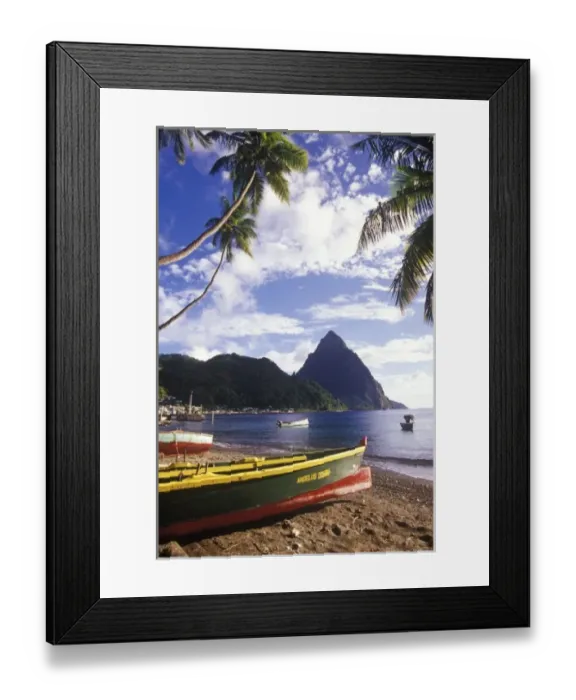 Framed Print : Fishing boats and Petit Piton, Soufriere, St Lucia, Caribbean