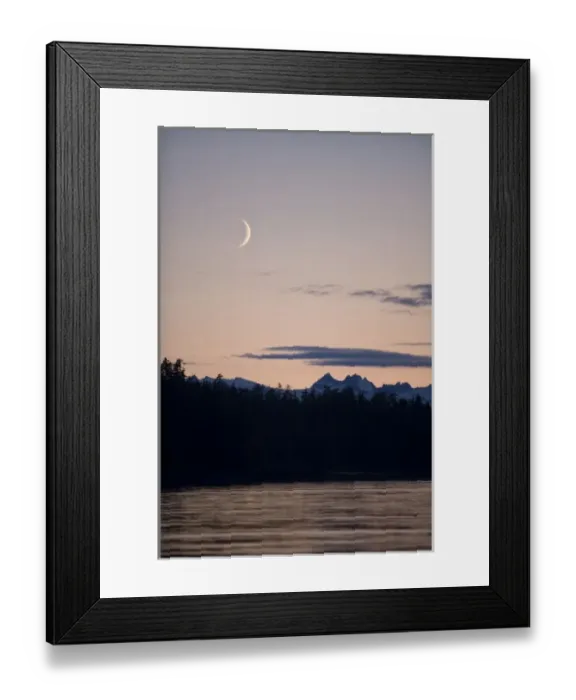 Framed Print : USA, Alaska, Tongass National Forest, Crescent moon sets above mountain peaks of Framed Print : USA, Alaska, Tongass National Forest, Crescent moon sets above mountain peaks of