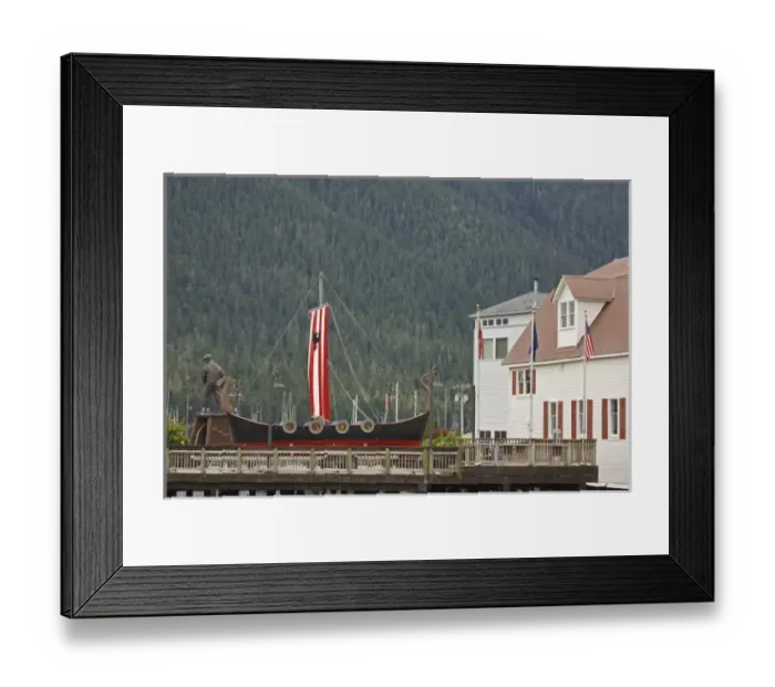 Framed Print : USA, Alaska, Petersburg. A model Viking ship in front of the Sons of Norway Hall