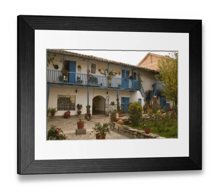 Framed Print : Courtyard with blue railing and many flower pots, Cuzco, Peru Framed Print : Courtyard with blue railing and many flower pots, Cuzco, Peru