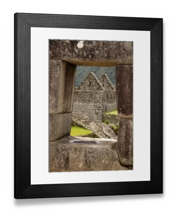 Framed Print : South America, Peru, Machu Picchu. Ruins of a house framed by a stone window. (UNESCO Framed Print : South America, Peru, Machu Picchu. Ruins of a house framed by a stone window. (UNESCO