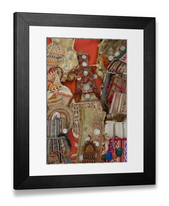 Framed Print : Old woven purses displayed in market, Chinchero (near Cuzco), Peru Framed Print : Old woven purses displayed in market, Chinchero (near Cuzco), Peru