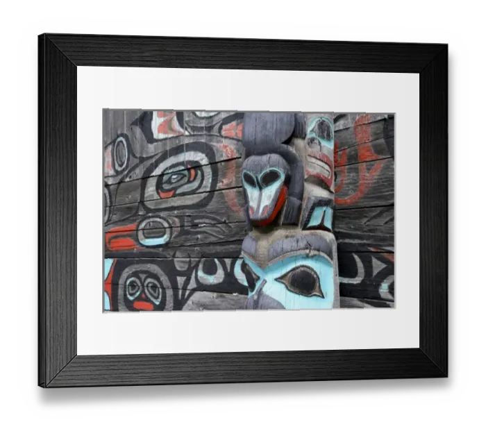 Framed Print : USA; Alaska, Haines. Partial view of Native-American totem pole and wall mural Framed Print : USA; Alaska, Haines. Partial view of Native-American totem pole and wall mural
