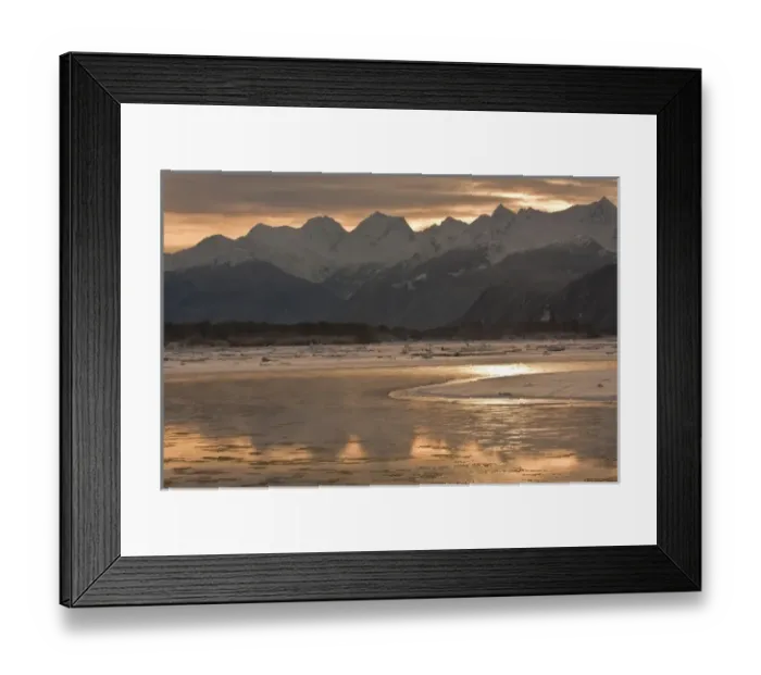 Framed Print : USA, Alaska, Chilkat River. Mountains reflect off icy river at sunset Framed Print : USA, Alaska, Chilkat River. Mountains reflect off icy river at sunset