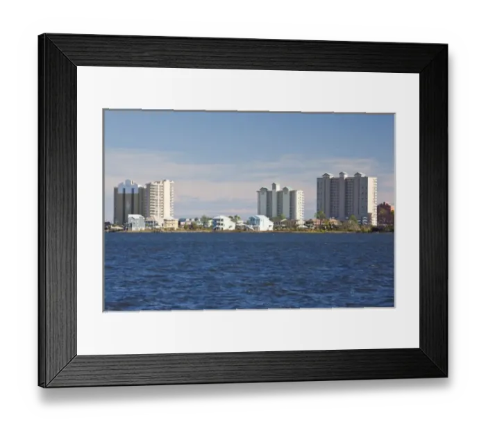 Framed Print : USA, Alabama, Gulf Shores. Mobile Bay area, beach high rise buildings