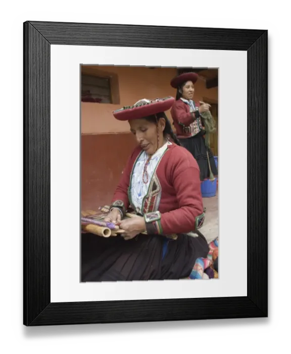 Framed Print : Woman in traditional dress and hat weaving using a backstrap loom to weave, Chinchero Framed Print : Woman in traditional dress and hat weaving using a backstrap loom to weave, Chinchero