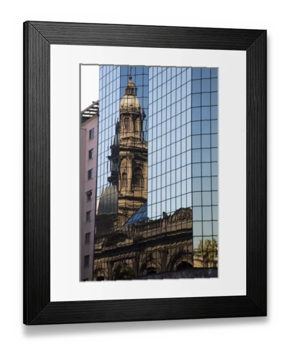 Framed Print : South America, Chile, Santiago. Reflection of a cathedral in a building near the Plaza de Armas Framed Print : South America, Chile, Santiago. Reflection of a cathedral in a building near the Plaza de Armas
