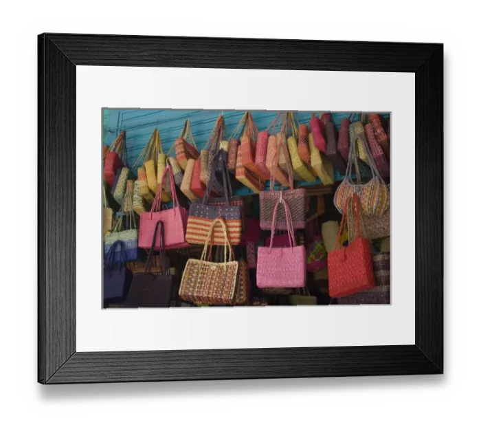 Framed Print : Colorful straw bags on display in market, Lima, Peru Framed Print : Colorful straw bags on display in market, Lima, Peru