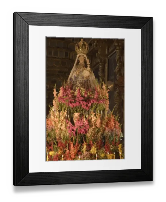Framed Print : Huge display of flowers and candles under statue of Virgin Purificada, Church of Santa Clara Framed Print : Huge display of flowers and candles under statue of Virgin Purificada, Church of Santa Clara