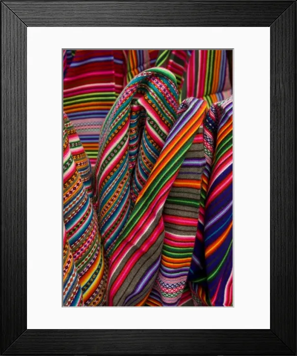Framed Print : Colorful blankets on display at market, Huaraz, Peru