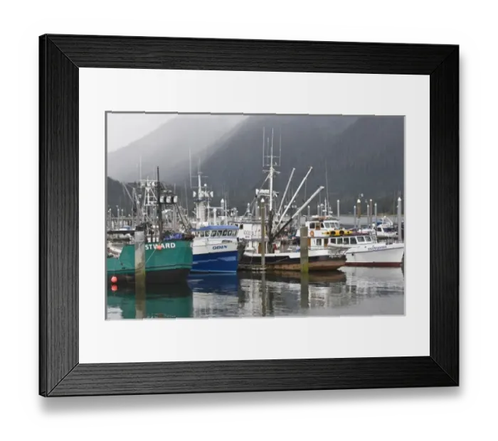 Framed Print : USA, Alaska, Petersburg. Fishing boats reflect in water of misty harbor Framed Print : USA, Alaska, Petersburg. Fishing boats reflect in water of misty harbor