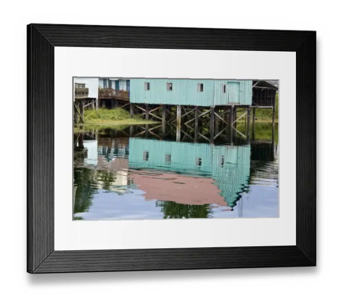 Framed Print : USA, Alaska, Petersburg. Water reflections of buildings in Hammer Slough Framed Print : USA, Alaska, Petersburg. Water reflections of buildings in Hammer Slough