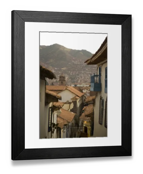 Framed Print : Narrow alleys and houses with mountain in distance, Cuzco, Peru, South America Framed Print : Narrow alleys and houses with mountain in distance, Cuzco, Peru, South America