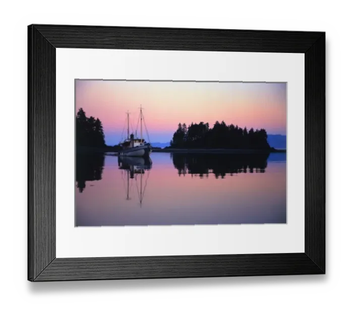 Framed Print : USA, Alaska, , Frederick Sound, Brother Islands. Ship anchored at Brother Islands at sunset Framed Print : USA, Alaska, , Frederick Sound, Brother Islands. Ship anchored at Brother Islands at sunset