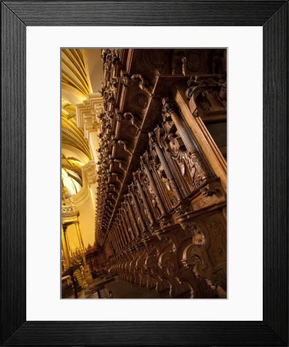 Framed Print : South America, Peru, Lima, Lima Historic Centre. Intricately carved wooden seating