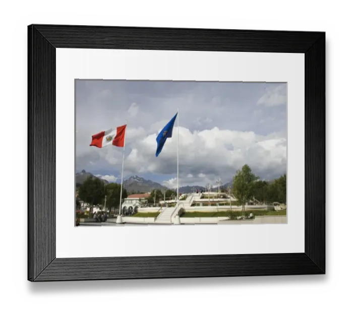 Framed Print : Pavilion with flag poles in center of city, Huaraz, Peru Framed Print : Pavilion with flag poles in center of city, Huaraz, Peru
