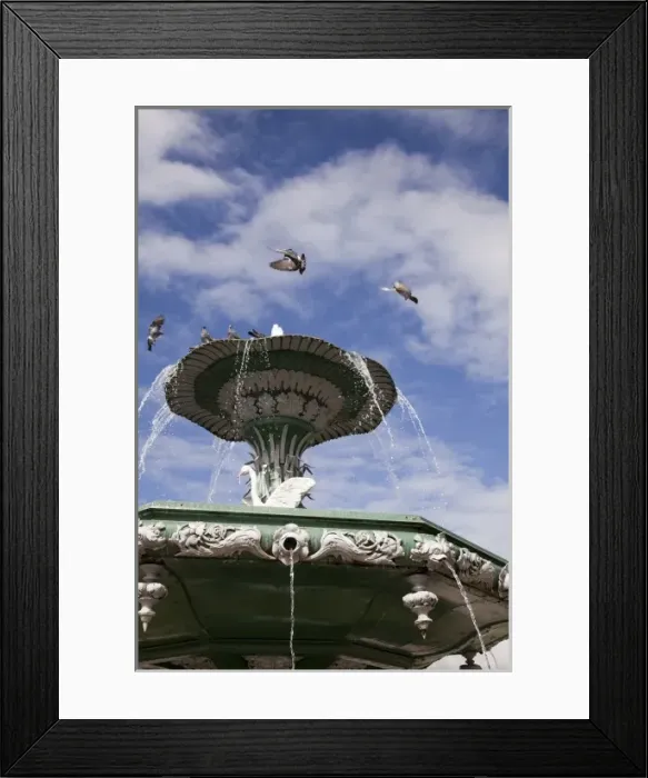 Framed Print : South America, Peru, Cuzco. Birds fly around the fountain in the center of the square Framed Print : South America, Peru, Cuzco. Birds fly around the fountain in the center of the square