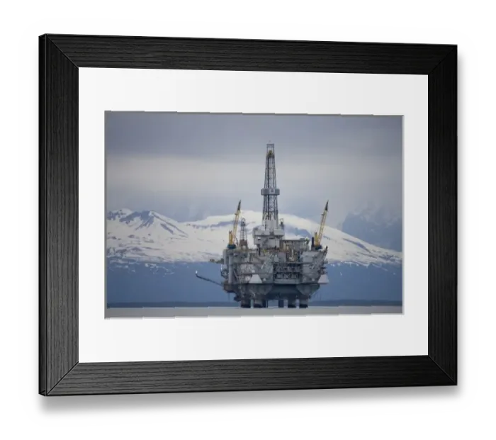 Framed Print : USA, Alaska, Offshore oil drilling rig in Cook Inlet and distant Alaska Range peaks Framed Print : USA, Alaska, Offshore oil drilling rig in Cook Inlet and distant Alaska Range peaks