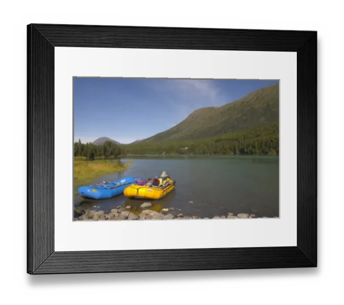 Framed Print : A blue and a yellow rubber raft on the Kenai River along the Sterling Highway in Alaska