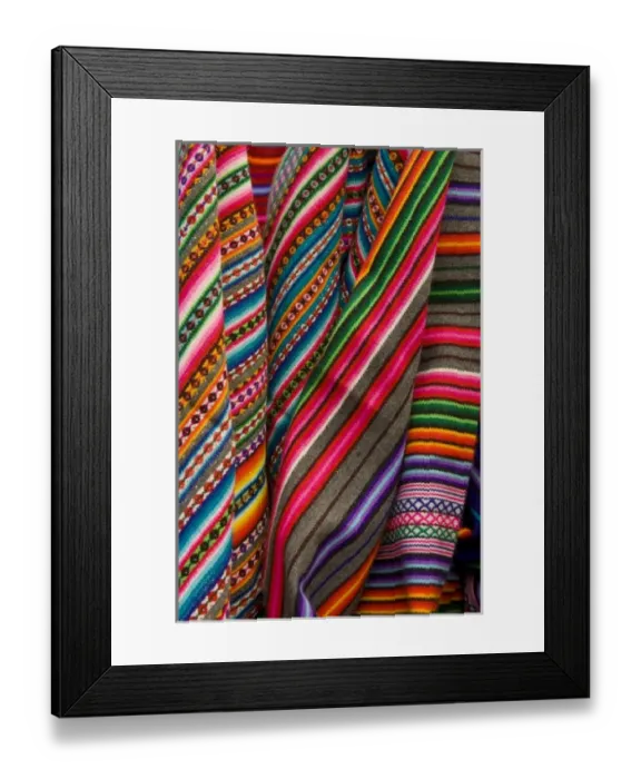 Framed Print : Colorful blankets on display at market, Huaraz, Peru