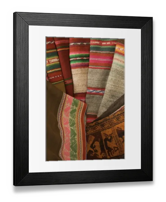 Framed Print : Old woven textile on display in shop, Lima, Peru Framed Print : Old woven textile on display in shop, Lima, Peru