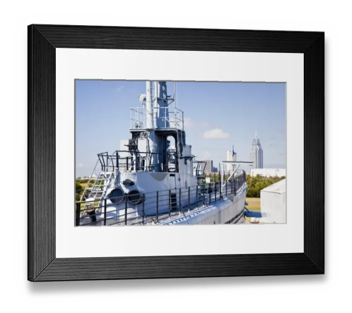 Framed Print : USA, Alabama, Mobile. Battleship Memorial Park, World War 2-era submarine, USS Drum and skylline Framed Print : USA, Alabama, Mobile. Battleship Memorial Park, World War 2-era submarine, USS Drum and skylline