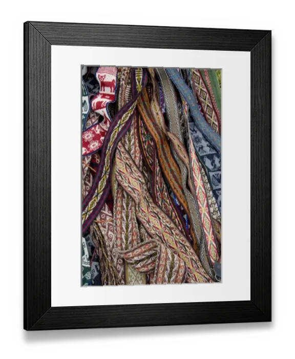 Framed Print : Woven straps displayed in market, Chinchero (near Cuzco), Peru Framed Print : Woven straps displayed in market, Chinchero (near Cuzco), Peru