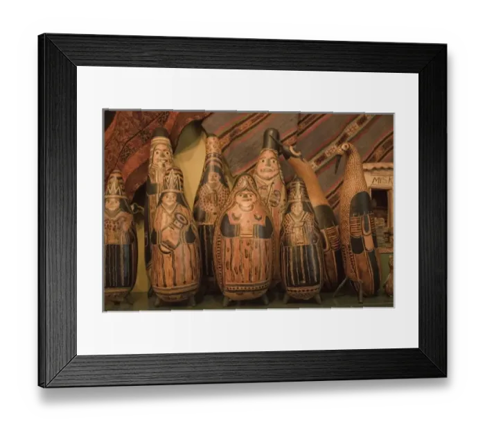 Framed Print : Carved gourds and other folk art on display in shop. Peru, Lima