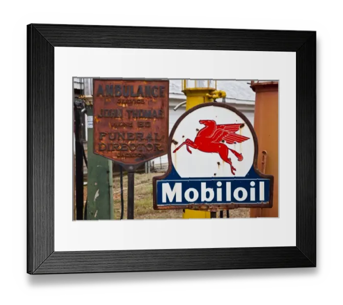 Framed Print : USA, Alabama, Mooresville. Old gasoline station signs