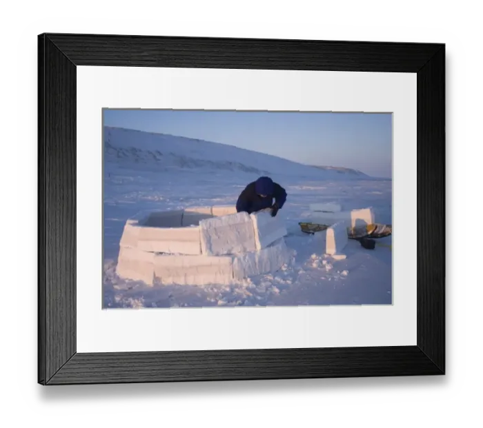Framed Print : inupiat guide Bruce Inglangasak building an igloo snow blind, along the Arctic coast