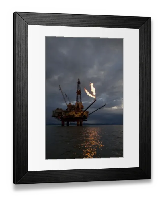 Framed Print : USA, Alaska, Natural gas flare from offshore oil drilling rig in Cook Inlet on summer Framed Print : USA, Alaska, Natural gas flare from offshore oil drilling rig in Cook Inlet on summer