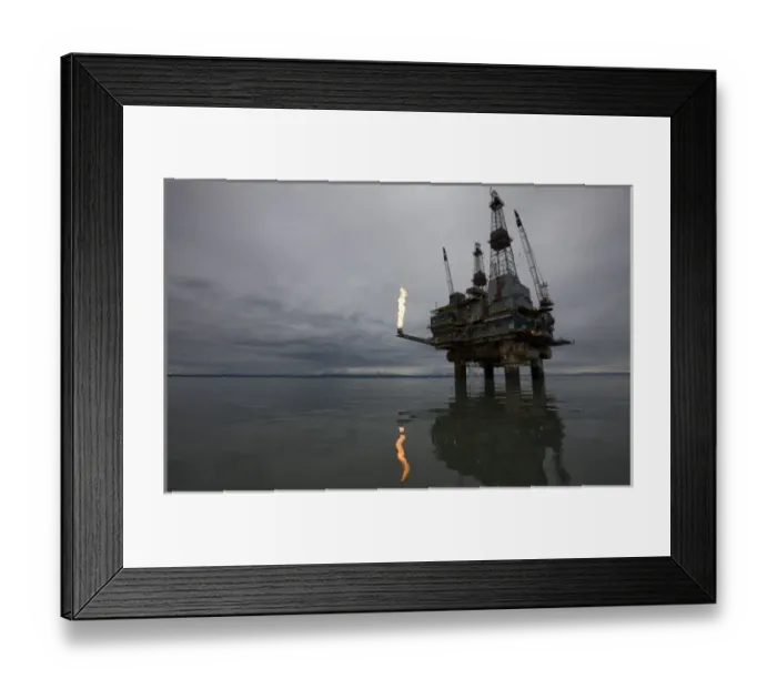 Framed Print : USA, Alaska, Offshore oil drilling rig with burning natural gas flare in Cook Inlet
