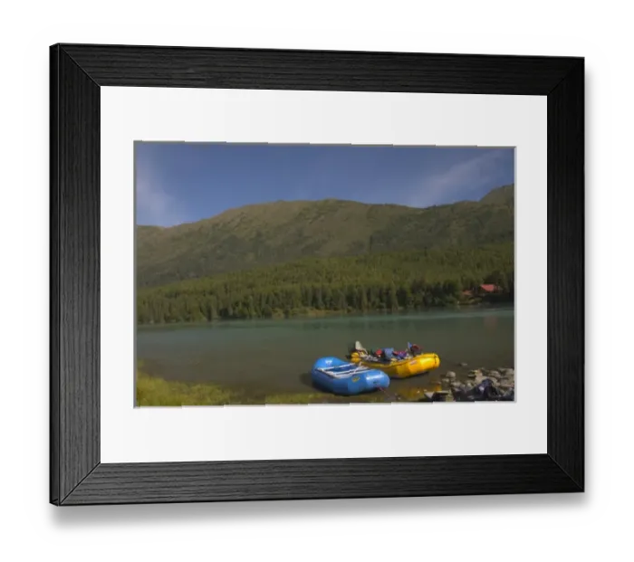 Framed Print : A blue and a yellow rubber raft on the Kenai River along the Sterling Highway in Alaska