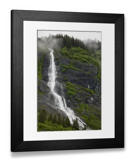 Framed Print : USA, Alaska, Prince William Sound, Waterfall in rainforest along Harriman Fiord Framed Print : USA, Alaska, Prince William Sound, Waterfall in rainforest along Harriman Fiord