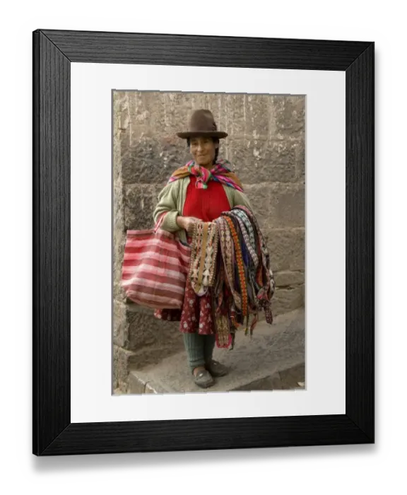 Framed Print : Woman with weavings to sell, Cuzco, Peru. (MR) Framed Print : Woman with weavings to sell, Cuzco, Peru. (MR)