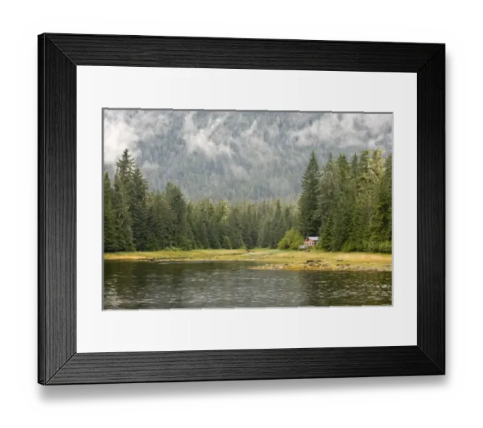 Framed Print : USA, Alaska, Wrangel. Isolated cabin at edge of forest and lake Framed Print : USA, Alaska, Wrangel. Isolated cabin at edge of forest and lake