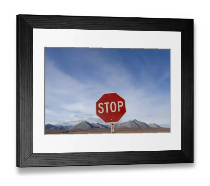 Framed Print : USA, Alaska, Stop sign along Dalton Highway in Brooks Range near Atigun Pass Framed Print : USA, Alaska, Stop sign along Dalton Highway in Brooks Range near Atigun Pass