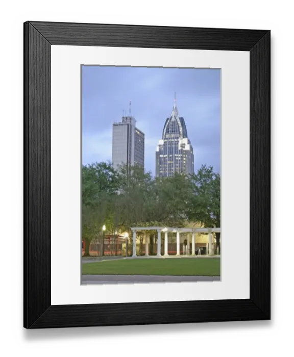 Framed Print : Evening lighting buildings Cathedral Plaza downtown Mobile Alabama Framed Print : Evening lighting buildings Cathedral Plaza downtown Mobile Alabama