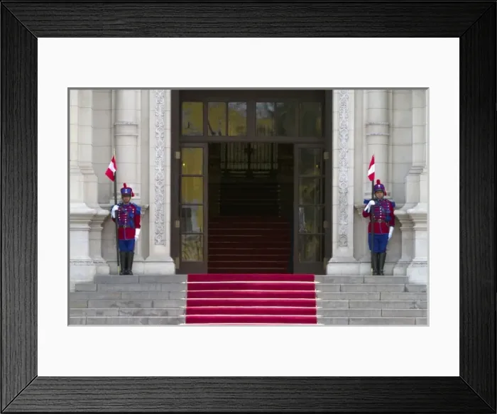 Framed Print : Guards at the Government Palace of Peru (AKA House of Pizarro) located on the north Framed Print : Guards at the Government Palace of Peru (AKA House of Pizarro) located on the north