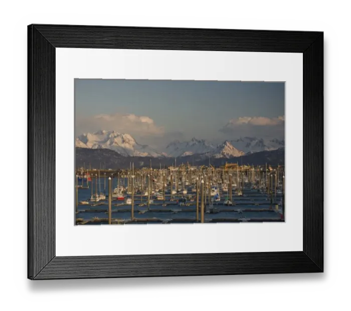Framed Print : USA, Alaska, Homer. Small boat marina with Kachemak Bay State Park across the bay Framed Print : USA, Alaska, Homer. Small boat marina with Kachemak Bay State Park across the bay