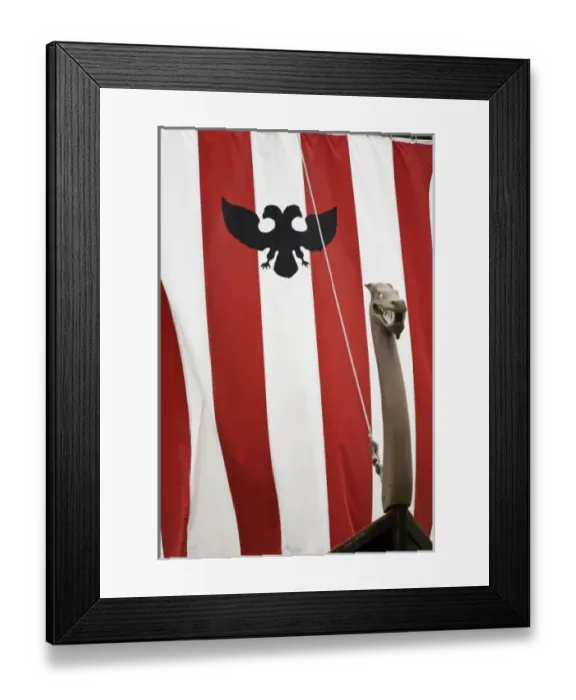Framed Print : USA, Alaska, Petersburg. Close-up of sail and bow of model Norwegian Viking ship