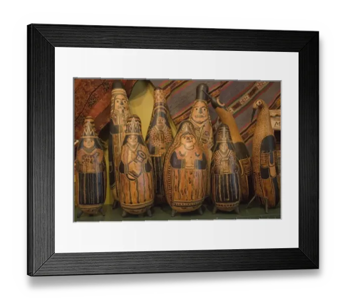 Framed Print : Carved gourds and other folk art on display in shop. Peru, Lima