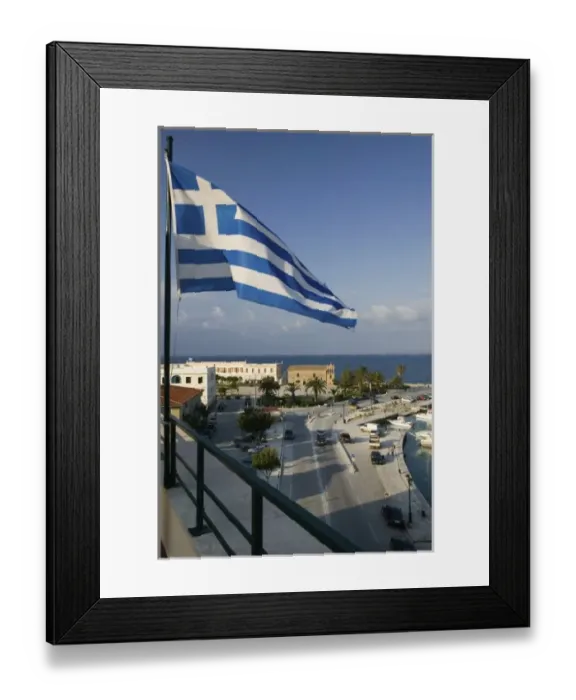 Framed Print : GREECE, Ionian Islands, ZAKYNTHOS: Greek Flag & Town Waterfront Framed Print : GREECE, Ionian Islands, ZAKYNTHOS: Greek Flag & Town Waterfront