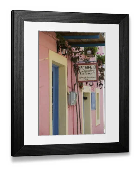 Framed Print : GREECE, Ionian Islands, KEFALONIA, Fiskardo: Yacht Harbor Restaurant Sign