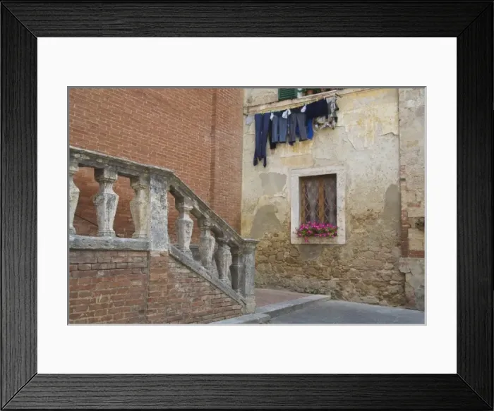 Framed Print : Italy, Asciano, Window Boxes with Fresh Spring Flowers and Laundry Hanging on The Line Framed Print : Italy, Asciano, Window Boxes with Fresh Spring Flowers and Laundry Hanging on The Line