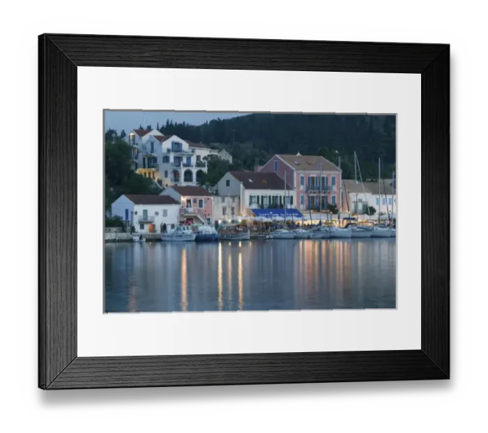 Framed Print : GREECE, Ionian Islands, KEFALONIA, Fiskardo: Yacht Harbor, Evening View