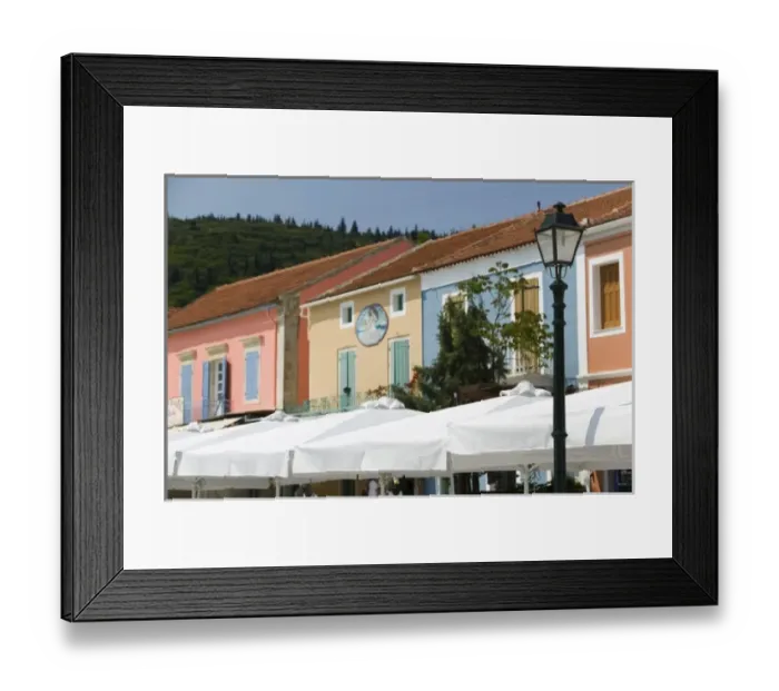 Framed Print : GREECE, Ionian Islands, KEFALONIA, Fiskardo: Yacht Harbor, Lightpost and Harbor Restaurants Framed Print : GREECE, Ionian Islands, KEFALONIA, Fiskardo: Yacht Harbor, Lightpost and Harbor Restaurants