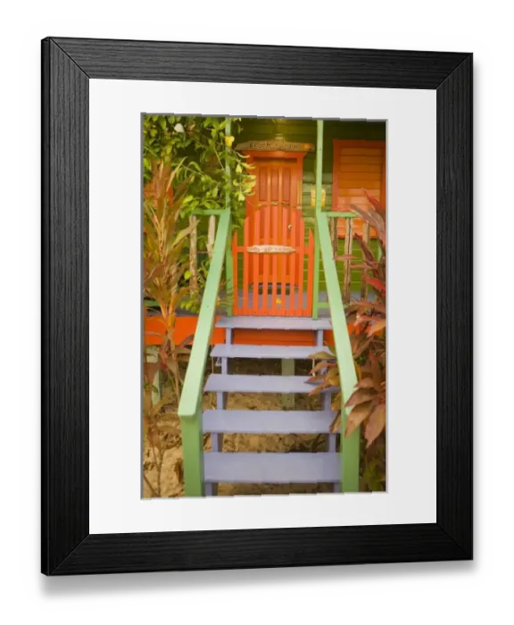 Framed Print : Entrance to beach house painted in bright colors, Placencia, Stann Creek District, Belize Framed Print : Entrance to beach house painted in bright colors, Placencia, Stann Creek District, Belize