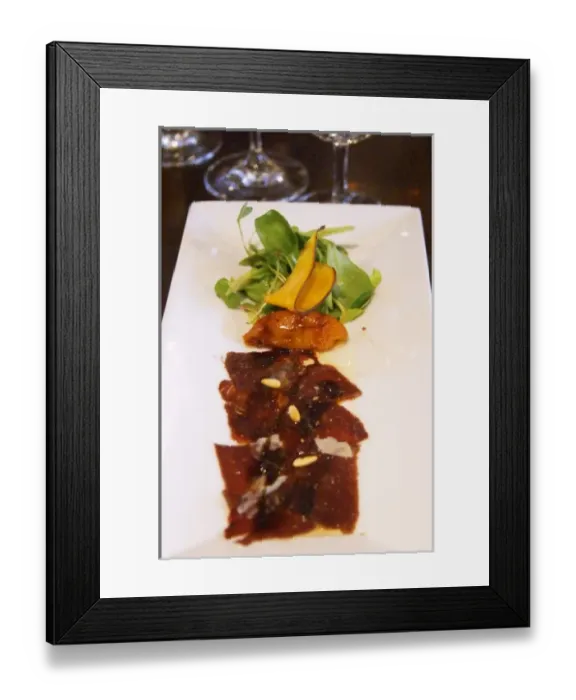 Framed Print : Carpaccio raw marinated beef with pine nuts, mache lettuce, bell pepper, fried pumpkin chips
